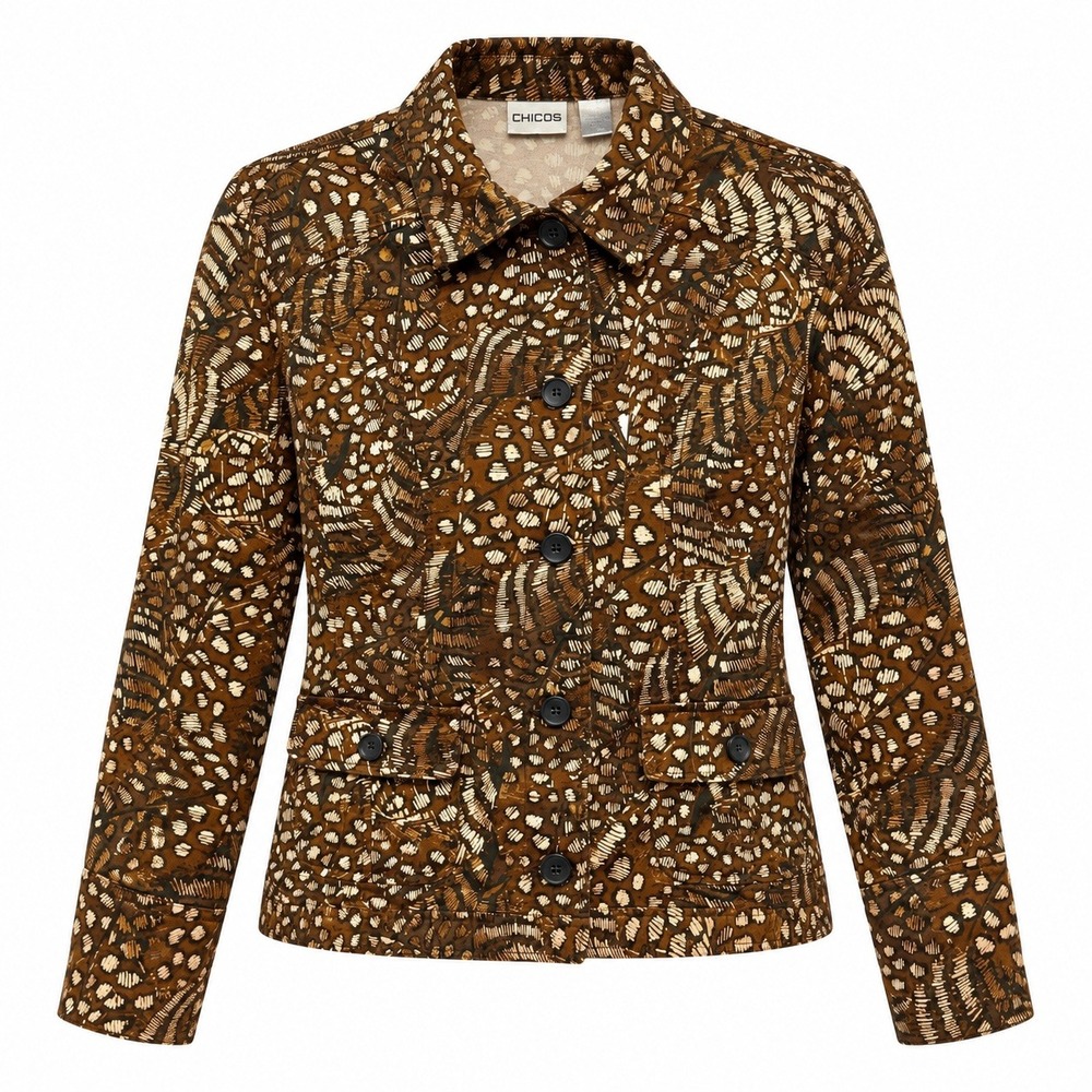 Chico's Boho Safari Print Button Down Jacket Women Size XL Earthy Utility